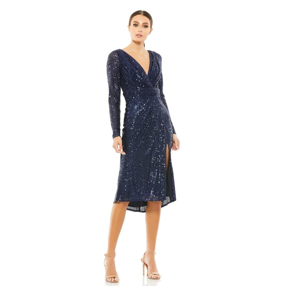 IEENA FOR MAC DUGGAL 26555 Long Sleeve Sequined Midi Dress Midnight 6
